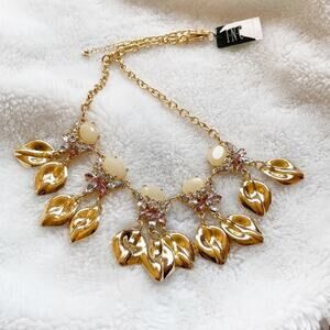INC Statement Necklace Gold Tone Cream Pink Rhinestones Pave Petals New